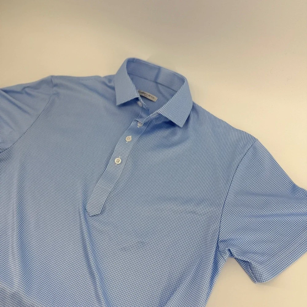 Collars & Co Mens Small Blue Houndstooth Short Sleeve English Spread Collar Polo